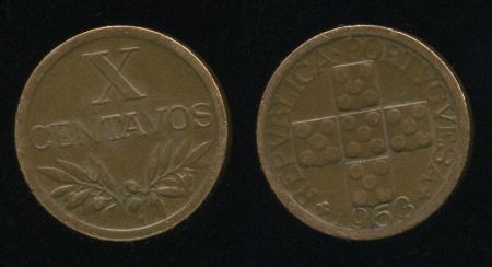 ПОРТУГАЛИЯ 1953г. KM# 583 / 10 ЦЕНТАВОС БРОНЗА AUNC