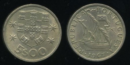 Португалия 1967 г. • KM# 591 • 5 эскудо • парусник • регулярный выпуск • MS BU ( кат. - $20+ )