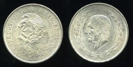 Мексика 1954 г. • KM# 467 • 5 песо • Мигель Идальго • серебро • регулярный выпуск • MS BU ®