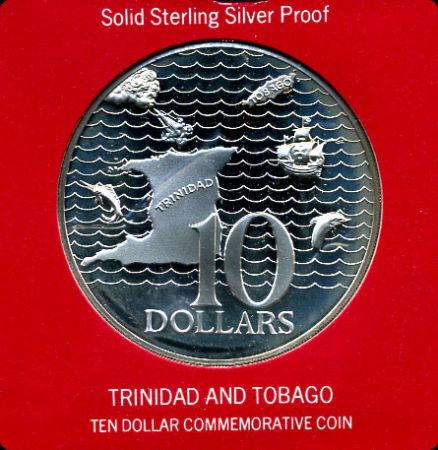 Тринидад и Тобаго 1973 г. KM# 16 • 10 долларов • государственный герб • карта острова • серебро 925 - 35 гр. • регулярный выпуск • MS BU пруф!! 