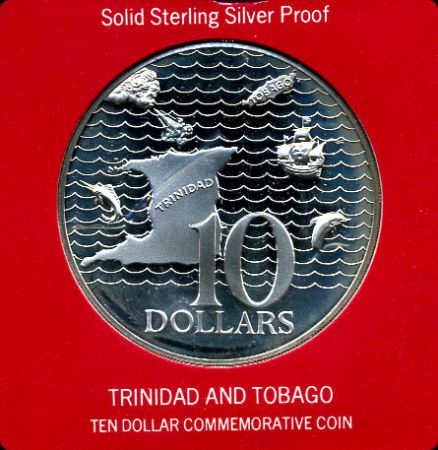 Тринидад и Тобаго 1976 г. KM# 16 • 10 долларов • государственный герб • карта острова • серебро 925 - 35 гр. • регулярный выпуск • MS BU пруф!!