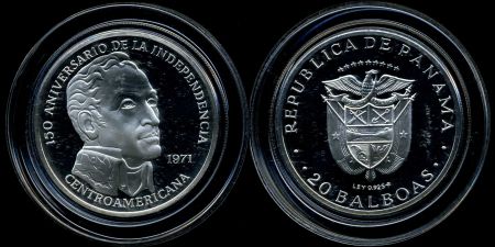 Панама 1971 г. • KM# 29 • 20 бальбоа • 150-летие независимости (серебро 130 г.!!/ø - 61 мм.) • герб Панамы • Симон Боливар • памятный выпуск • MS BU • пруф