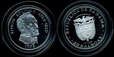 Панама 1972 г. • KM# 31 • 20 бальбоа • (серебро 130 г.!!/ø - 61 мм.) • герб Панамы • Симон Боливар • памятный выпуск • MS BU • пруф