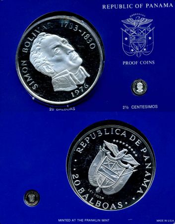 Панама 1976 г. • KM# 31 • 20 бальбоа • (серебро 130 г.!!/ø - 61 мм.) • герб Панамы • Симон Боливар • памятный выпуск • MS BU • пруф
