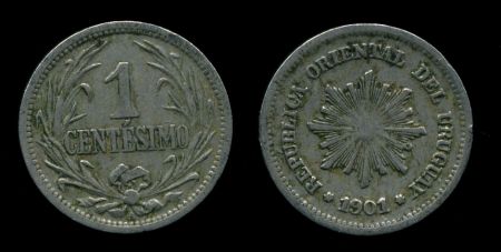 Уругвай 1901 г. A • KM# 19 • 1 сентесимо • солнце • регулярный выпуск • XF-AU ( кат. - $20+ )