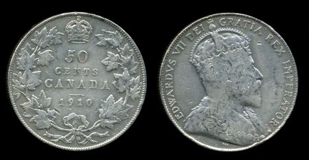 Канада 1910 г. • KM# 12 • 50 центов • Эдуард VII • серебро • регулярный выпуск • VF