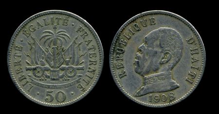 Гаити 1908 г. • KM# 56 • 50 сантимов • герб • президент Пьер Нор Алексис • регулярный выпуск • XF ( кат. - $30 )