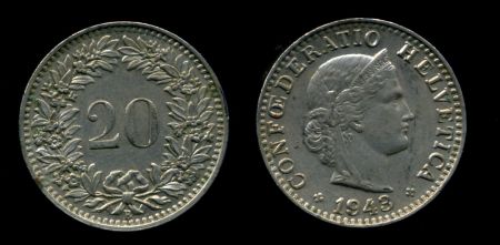 Швейцария 1943 г. B (Берн) • KM# 29a • 20 раппенов • регулярный выпуск • UNC ( кат.- $30,00 ) 