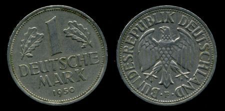Германия • ФРГ 1950 г. F (Штутгарт) • KM# 110 • 1 марка • регулярный выпуск • AU+ ( кат.- $ 12+ )