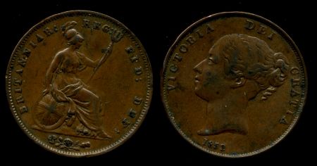 Великобритания 1853 г. • KM# 739 • 1 пенни • королева Виктория • регулярный выпуск • AU+ ( кат. - $400+ )