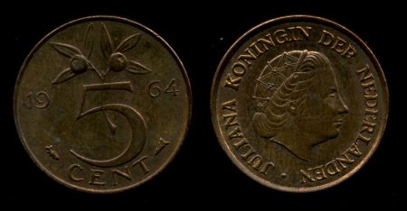 Нидерланды 1964 г. • KM# 181 • 5 центов • королева Юлиана • регулярный выпуск • MS BU • красн. бронза ( кат.- $15,00 )