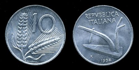 Италия 1954 г. R (Рим) • KM# 93 • 10 лир • плуг • регулярный выпуск • MS BU ( кат.- $40 )
