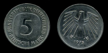 Германия • ФРГ 1975 г. D (Мюнхен) • KM# 140.1 • 5 марок • регулярный выпуск • BU ( кат.- $9 )