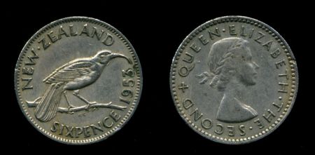 Новая Зеландия 1953 г. • KM# 26.1 • 6 пенсов • Елизавета II • птица гуйа • регулярный выпуск • UNC ( кат. - $15 )