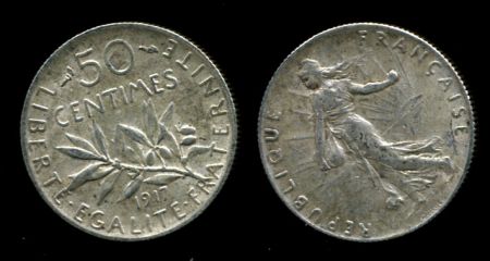 Франция 1917 г. KM# 854 • 50 сантимов • "Марианна"-сеятельница • серебро • регулярный выпуск • UNC