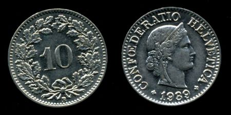 Швейцария 1939 г. B (Берн) • KM# 27b • 10 раппенов • регулярный выпуск • AU ( кат.- $5+ )