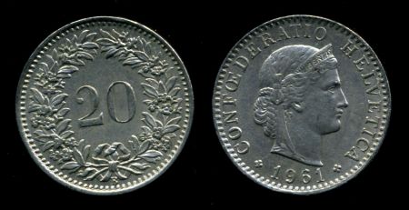 Швейцария 1961 г. B (Берн) • KM# 29a • 20 раппенов • регулярный выпуск • BU ( кат.- $9,00 )