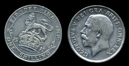 Великобритания 1915 г. • KM# 816 • 1 шиллинг • Георг V • британский лев • регулярный выпуск • XF ( кат. - $35 )