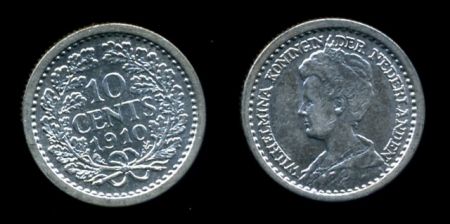 Нидерланды 1910 г. • KM# 145 • 10 центов • королева Вильгельмина I • серебро • регулярный выпуск(первый год) • AU ( кат. - $60+ )