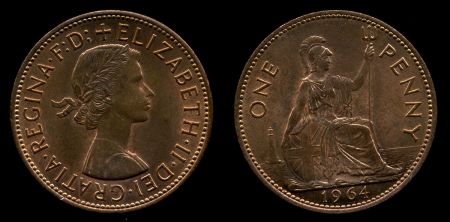 Великобритания 1964 г. • KM# 897 • 1 пенни • Елизавета II • регулярный выпуск • MS BU
