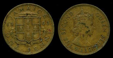 Ямайка 1963 г. • KM# 37 • 1 пенни • Елизавета II • герб Ямайки • регулярный выпуск • XF