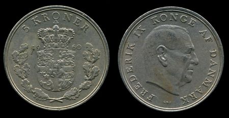 Дания 1960 г. • KM# 853.1 • 5 крон • Фредерик IX • регулярный выпуск(первый год) • UNC 