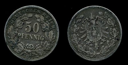 Германия 1877 г. A (Берлин) • KM# 6 • 50 пфеннигов • Имперский орел • серебро • регулярный выпуск • AU ( кат. - $75 )