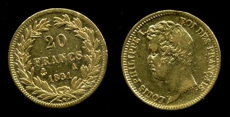 Франция 1831 г. A(Париж) • KM# 746.1 • 20 франков • Луи-Филипп I • золото • регулярный выпуск • AU ( кат. - $475+ )