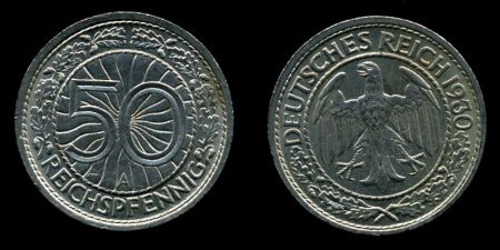 Германия 1930 г. A (Берлин) • KM# 49 • 50 рейхспфеннигов • орел • регулярный выпуск • MS BU ( кат. - $50 )