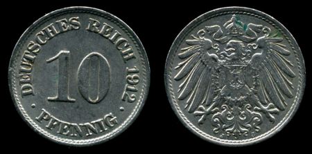 Германия 1912 г. J (Гамбург) • KM# 12 • 10 пфеннигов • регулярный выпуск • UNC ( кат. - $15 )