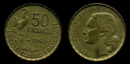 Франция 1953 г. • KM# 918.1 • 50 франков • петух • регулярный выпуск • MS BU