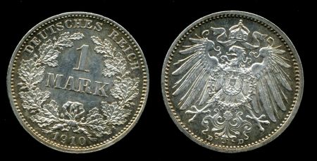 ГЕРМАНИЯ 1910D KM# 14 / 1 МАРКА СЕРЕБРО MS BU / ГЕРБЫ