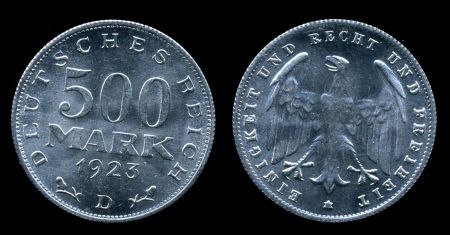 Германия 1923 г. D (Мюнхен) • KM# 36 • 500 марок • Имперский орел • регулярный выпуск • MS BU ( кат. - $25 )