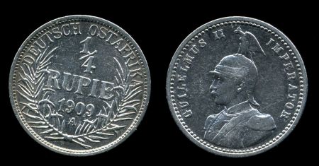 Германская Восточная Африка 1909 г. A • KM# 8 • ¼ рупии • Вильгельм II • регулярный выпуск • XF+ ( кат. - $60+ )
