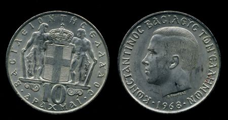 Греция 1968 г. • KM# 96 • 10 драхм • Константин II • регулярный выпуск • MS BU ( кат.- $7 )