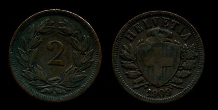 Швейцария 1909 г. B (Берн) KM# 4.2 • 2 раппена • регулярный выпуск • AU ( кат.- $20,00 )