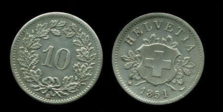 ШВЕЙЦАРИЯ 1851г. KM# 6 / 10 РАППЕН UNC БИЛОН / ГЕРБЫ