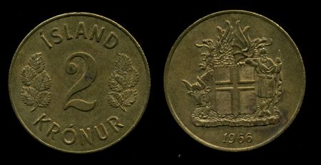 Исландия 1966 г. • KM# 13a.1 • 2 кроны • герб Республики • регулярный выпуск • MS BU