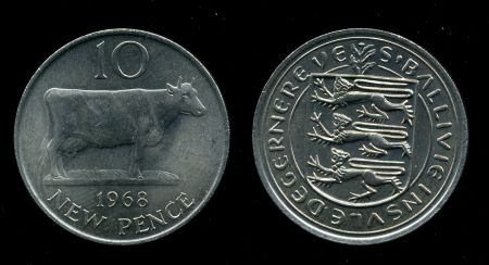 Гернси 1968 г. KM# 24 • 10 нов. пенсов • герб острова • корова • регулярный выпуск • MS BU