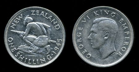 Новая Зеландия 1945 г. • KM# 9 • шиллинг • Георг VI • абориген • серебро • регулярный выпуск • XF 