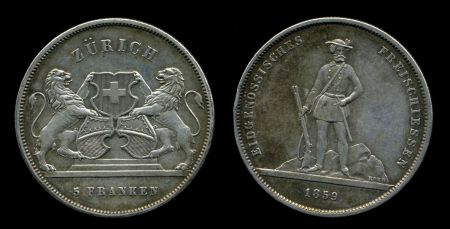 Швейцария 1859 г. • KM# X# S5 • 5 франков • стрелковый фестиваль • памятный выпуск • AU ( кат. - $500.00 )