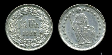 Швейцария 1963 г. B (Берн) • KM# 23 • 1/2 франка • серебро • регулярный выпуск • MS BU