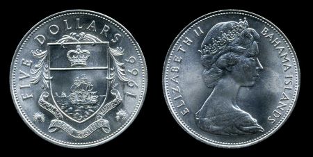 Багамы 1966 г. • KM# 10 • 5 долларов • герб островов • Елизавета II • регулярный выпуск • MS BU