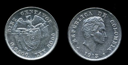 Колумбия 1913 г. • KM# 196.1 • 10 сентаво • Симон Боливар • серебро • регулярный выпуск • AU