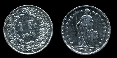 Швейцария 1916 г. B (Берн) • KM# 24 • 1 франк • серебро • регулярный выпуск • VF+