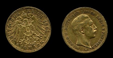 Пруссия 1890 г. A • KM# 520 • 10 марок • Вильгельм II • золото 900 - 3.98 гр. • VF+