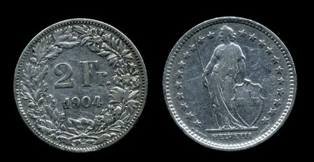 Швейцария 1904 г. B (Берн) • KM# 21 • 2 франка • серебро • регулярный выпуск • F ( кат. - $20.00 )