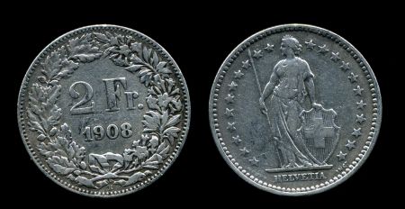 Швейцария 1908 г. B (Берн) • KM# 21 • 2 франка • серебро • регулярный выпуск • VF ( кат. - $100.00 )