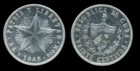 Куба 1948 г. • KM# 13.2 • 20 сентаво • звезда и герб • (серебро) • регулярный выпуск • +/- XF