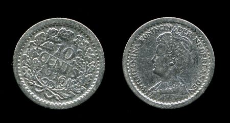 Нидерланды 1916 г. • KM# 145 • 10 центов • королева Вильгельмина I • серебро • регулярный выпуск • F-VF